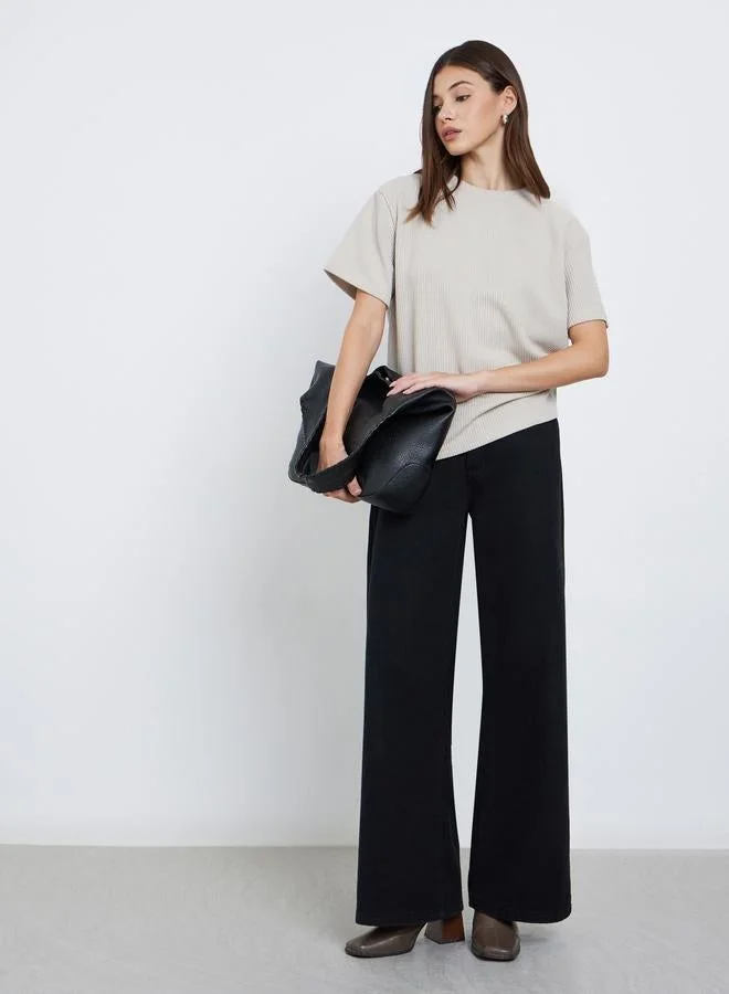 Styli Styli Grey Flat Knit Round Neck T-Shirt